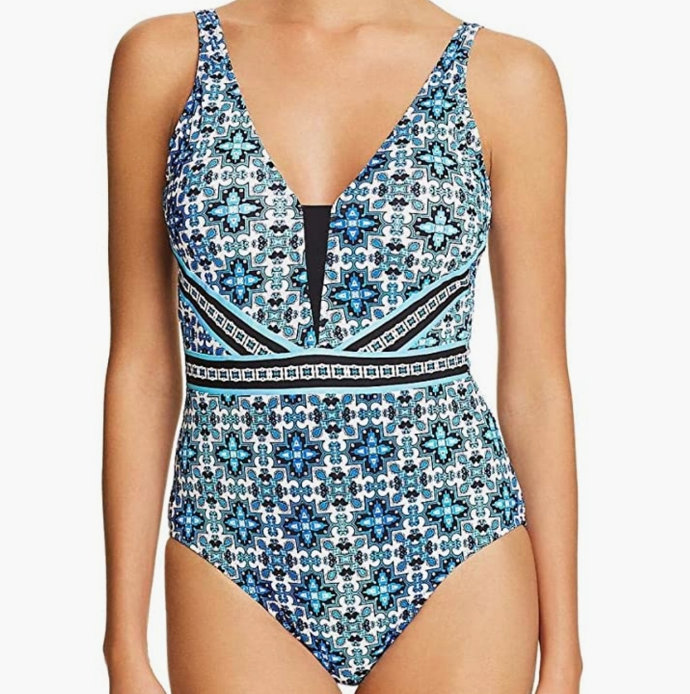 NWT, Profile by Gottex, V-Neck One Piece Women Swimsuit - Multi Blue